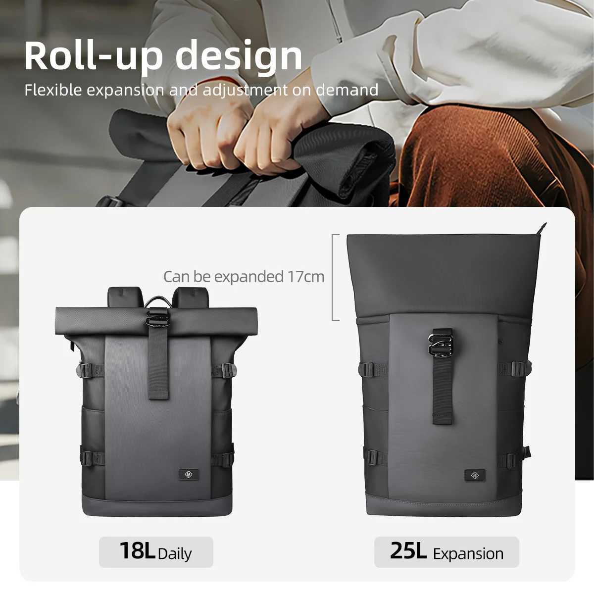 Waterproof roll top bag mens large Expandab 17 inch laptop bag with USB port isure travel camera bag W250329