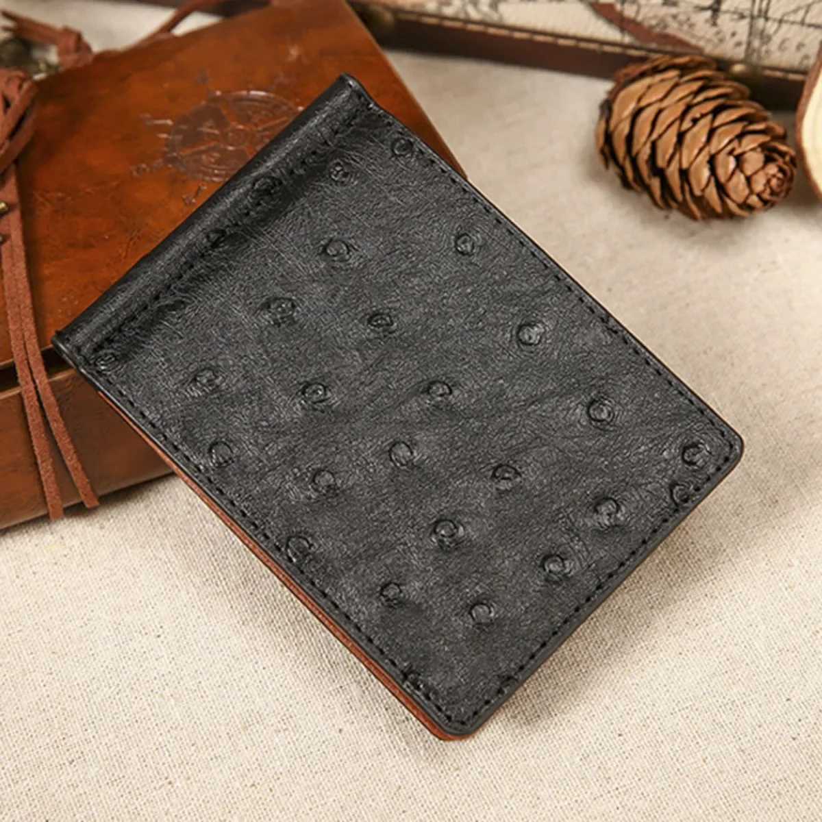 Real Ostrich Skin Men's hot Bifold - Short, Bank Stand, High Quality Leather Wallet
