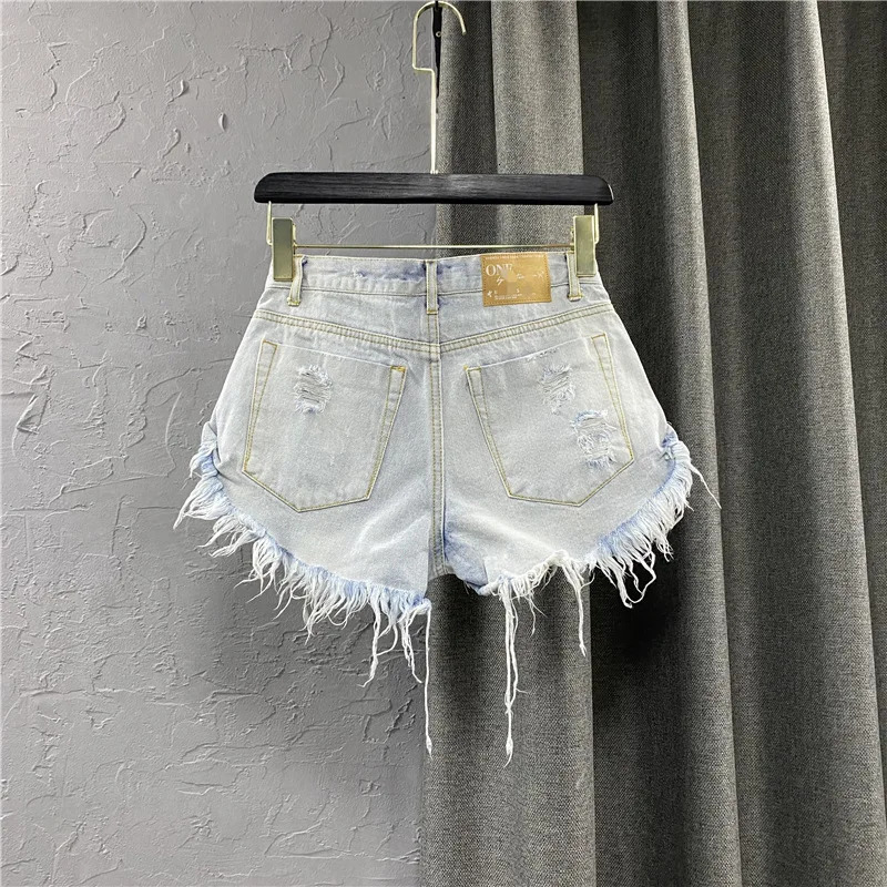 Sexy low rise denim shorts summer hole womens wide leg open top jeans 250328