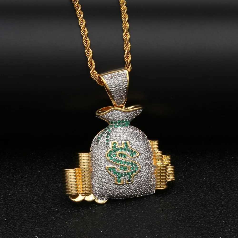 Hip hop punk money bag pendant necklace with rope chain sparkling cubic zirconia necklace cool mens rock bike jewelry gift Y250329