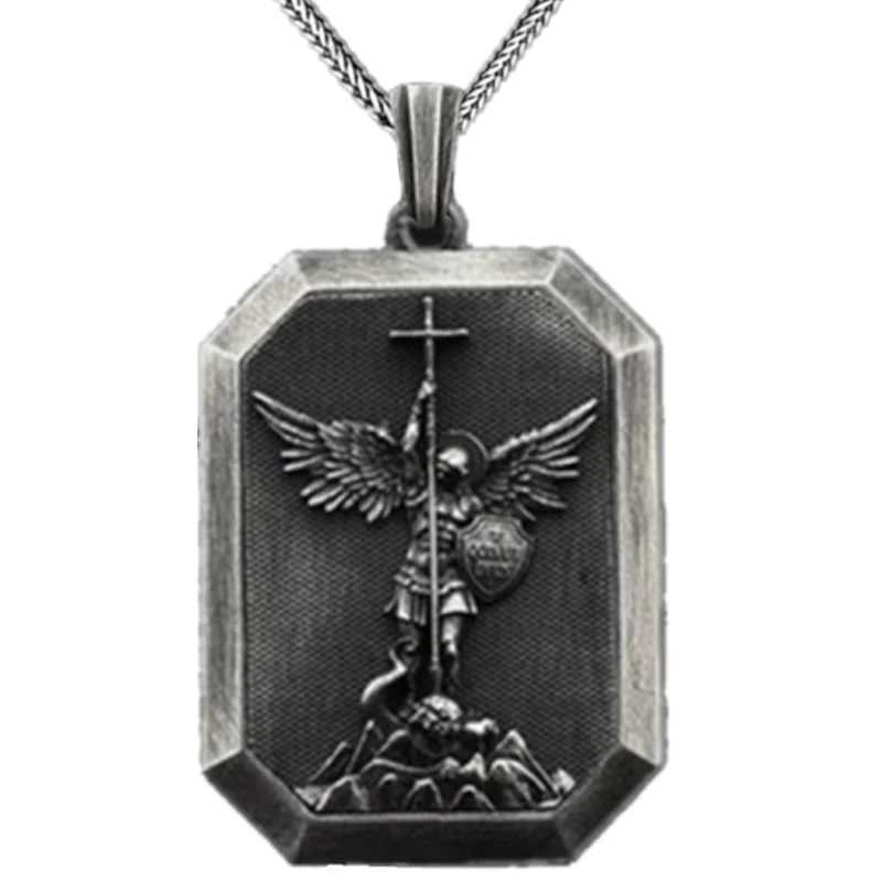 Fashionable Stainless Steel Saint Michael Angel Vintage Necklace Hip Hop Necklace Mens Stainless Steel Jewelry Halloween Party Gift Y250329
