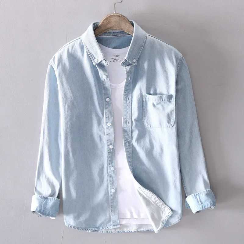 100% pure cotton autumn long sleeved denim shirt for men fashionable and casual high neck mens top classic light blue black gray X2503291