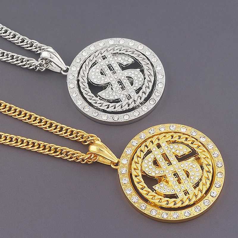Large Rotating Dollar Coin Signature Pendant Necklace Mens Rap Singer Hip Hop Punk Long Chain Necklace Womens Statement Necklace Gift Y250329