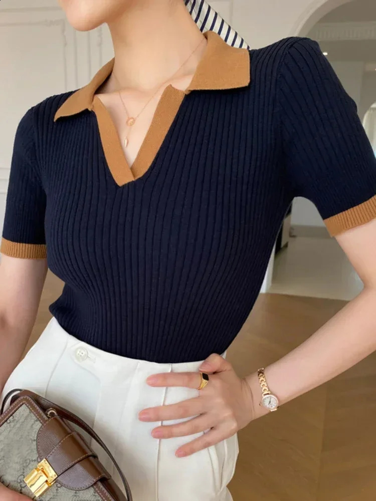 Womens T-shirt Polo Collar Short Sleeve Fashion Blouses 2025 Female Slim Knitted Tee White Skinny Casual Women Summer Tank Top250324