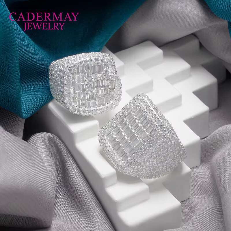 Cadermay Custom Hip Hop Baguette and Round Shape Moissanite D VVS1 Cuban Silver925 Man Rings Band