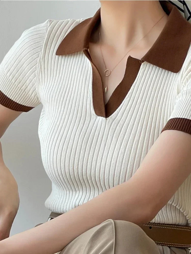 Womens T-shirt Polo Collar Short Sleeve Fashion Blouses 2025 Female Slim Knitted Tee White Skinny Casual Women Summer Tank Top250324
