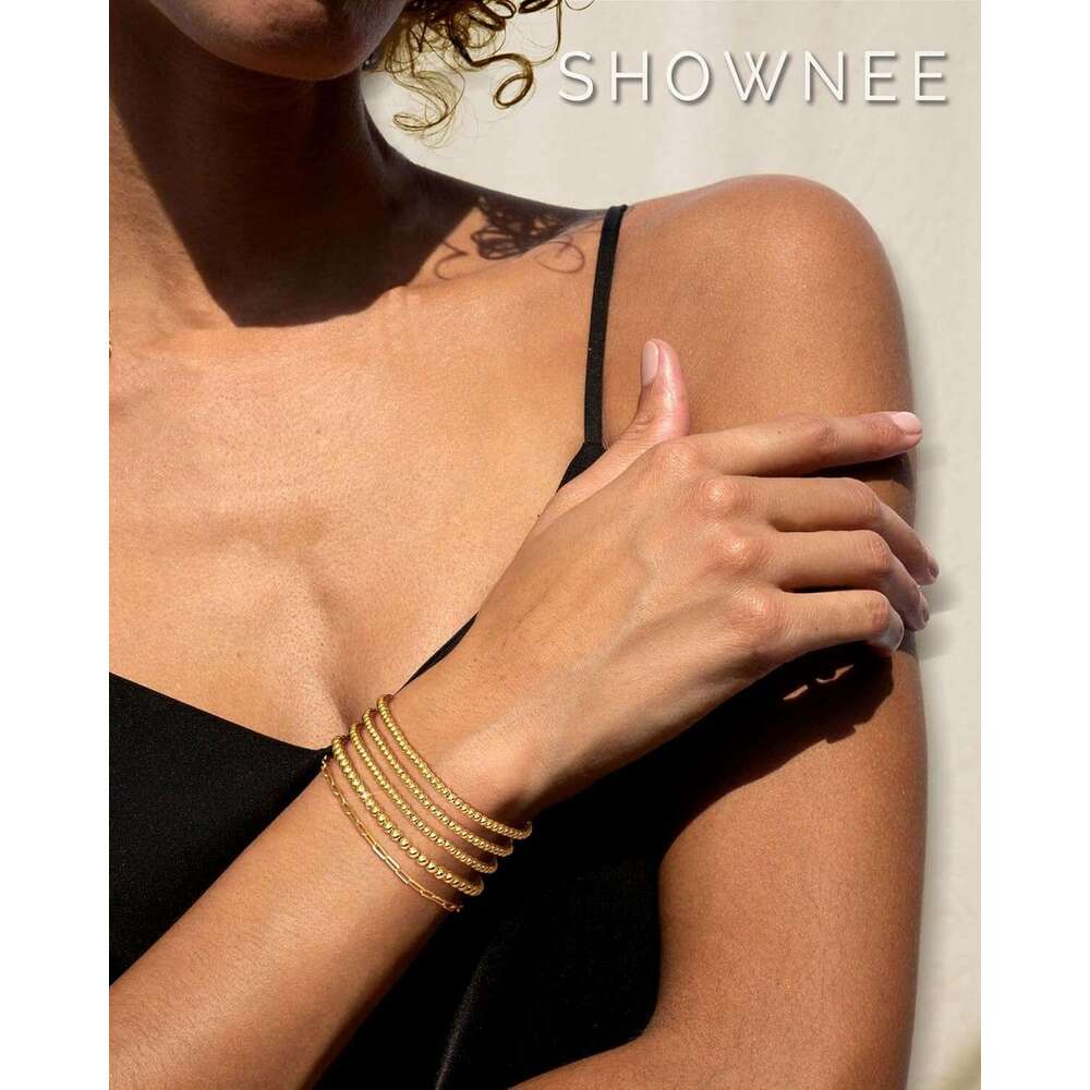 Beaded for Women 14K Plated Gold Stretch Bead Ball Bracelets Hypoallergenic Stackable Bracelet Set