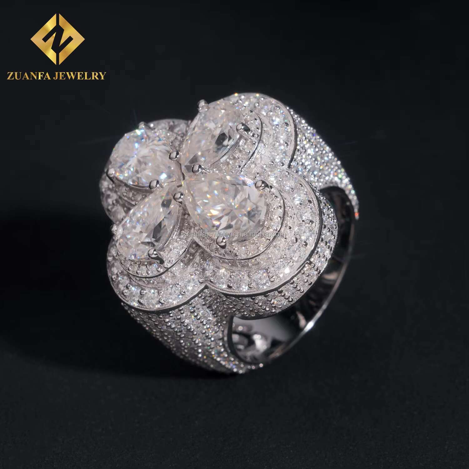 Pass Diamond Tester Stylish Style Rhodium Plated Luxury Iced Out Jewelry VVS1 Pear Moissanite Diamond Hip Hop Flower Ring Men