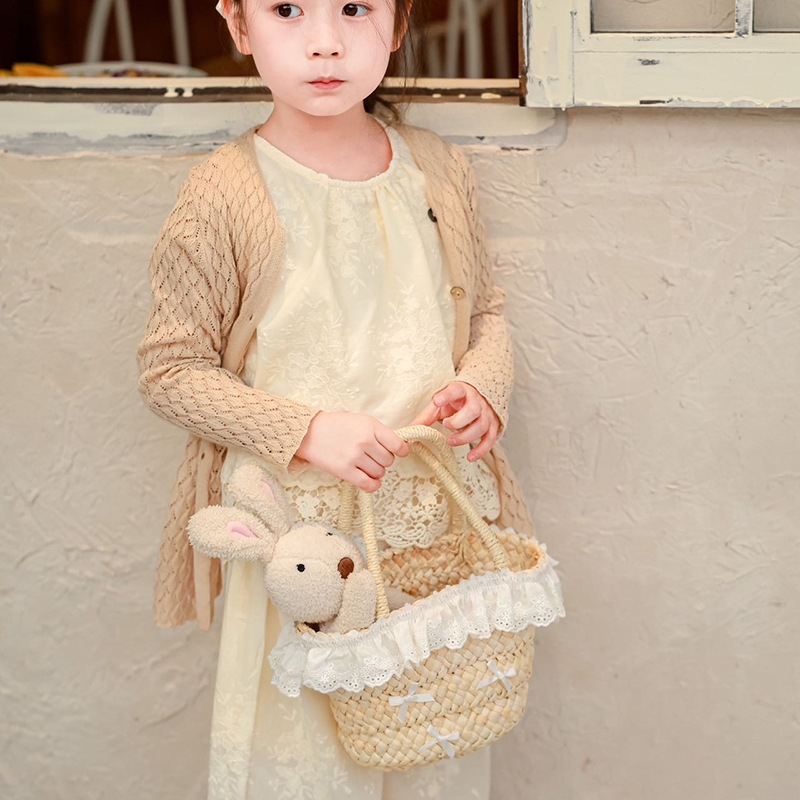 Children's bag Bow Cornhusk paper rope braided bucket bag Girls hand bag Holiday beach bag straw bag