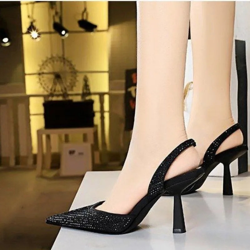 Gold Women Heels Sandals Summer Crystal Pointed Toe Female Stiletto African Party Rhinestone Shallow Slip on Heel Shoes 250328