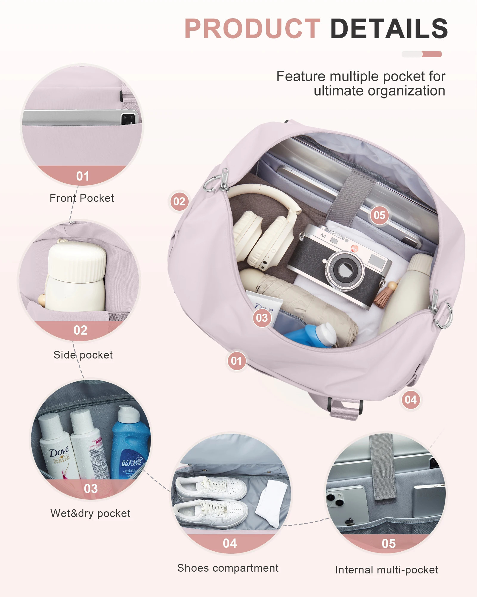 Gym Bag for Women Large Travel Duffel Bag Weekender Overnight Bag with Wet Pocket and Shoes Compartment for Travel Gym Yoga 250324