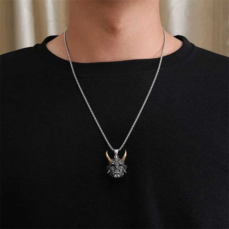 Punk Devil Mask Japanese Samurai Oni Pendant Necklace Mens Jewelry Womens Chain Hip Hop Rock Party Necklace Wholesale Y250329