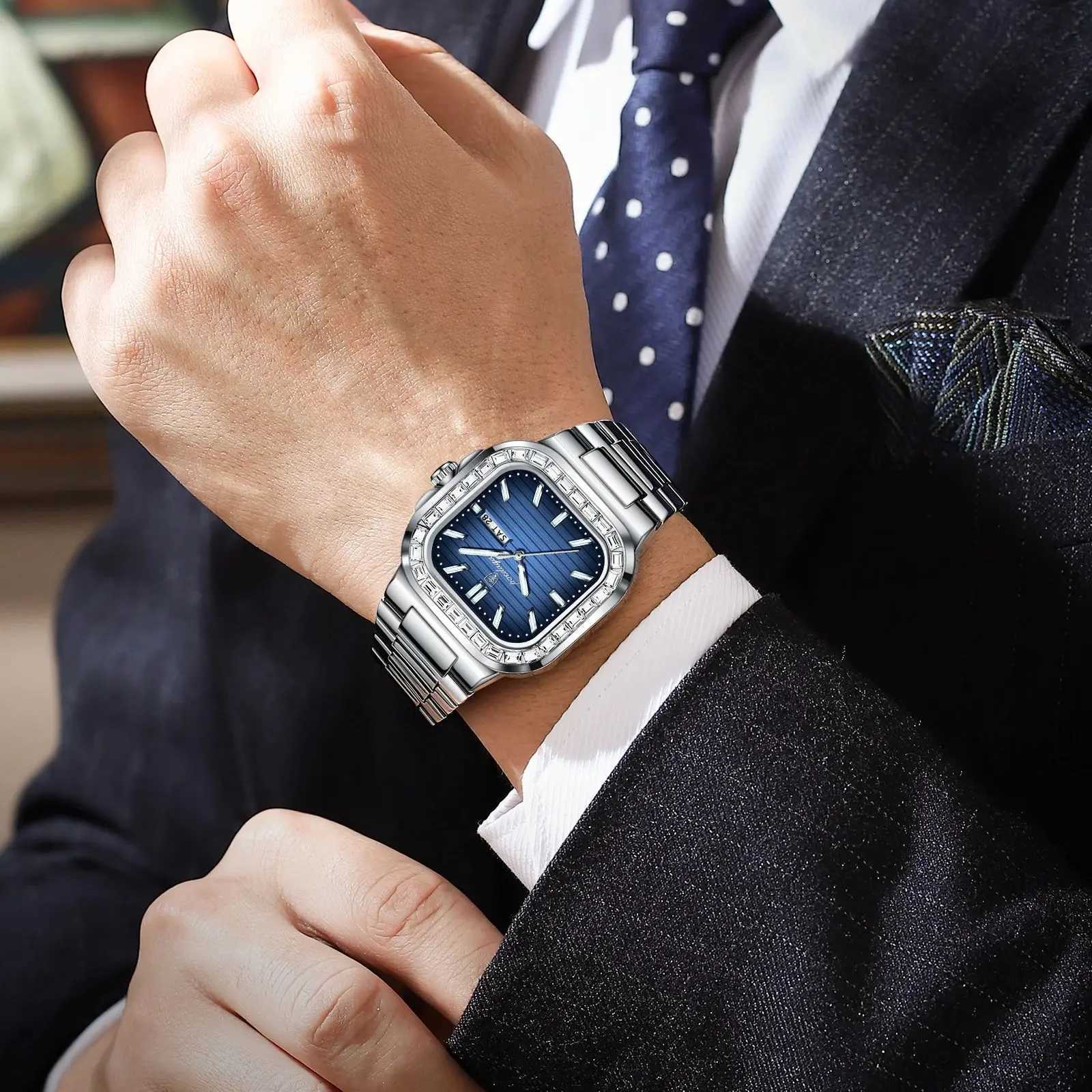 Poedagar Top Brand Luxury Mens Waterproof Luminous Date Week Mens Wrist Stainless Steel Square Quartz Mens Watch W250329