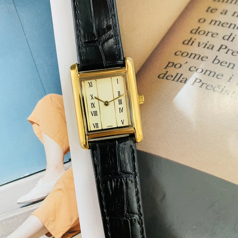 Womens Watch Quartz Watch Vintage Gold Plated Roman numerals H dial Leather Strap Womens Watch Lover Gift 250328