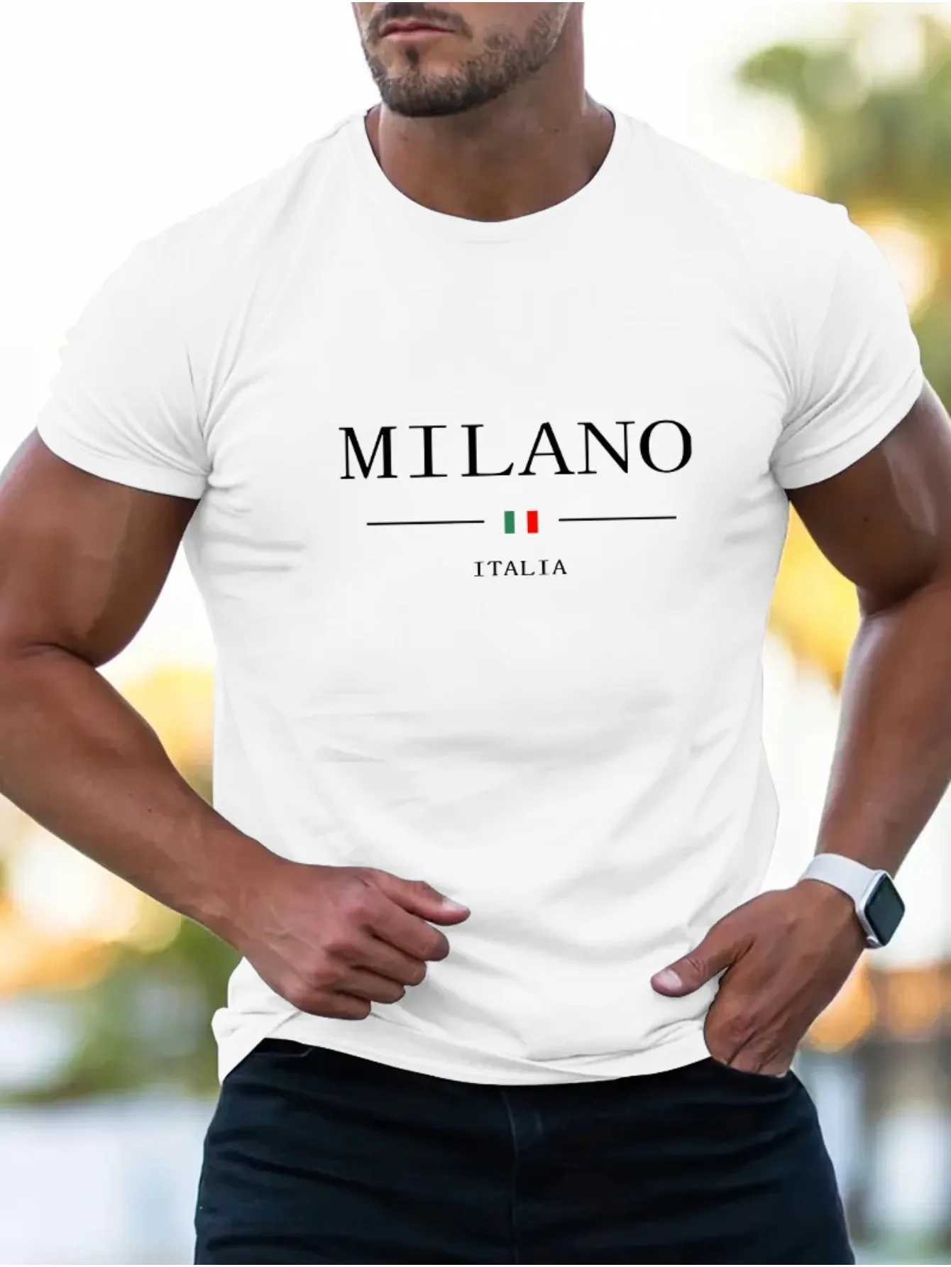 Summer mens 100% cotton casual sports loose plus MILANO print comfortable shopping round neck short sleeved T-shirt top X250329