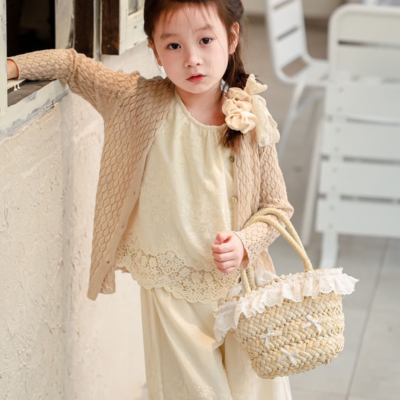 Children's bag Bow Cornhusk paper rope braided bucket bag Girls hand bag Holiday beach bag straw bag