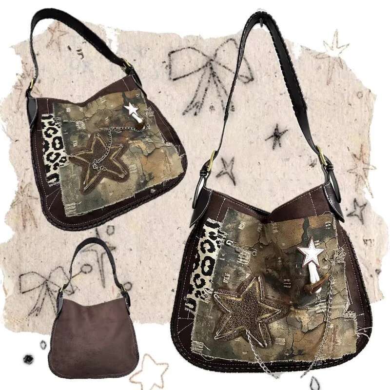 MBTI Vintage Y2k Womens Shoulder Punk Fashion Chain Casual Messenger Bag High Street Patchwork Large Capacity Female Handbag