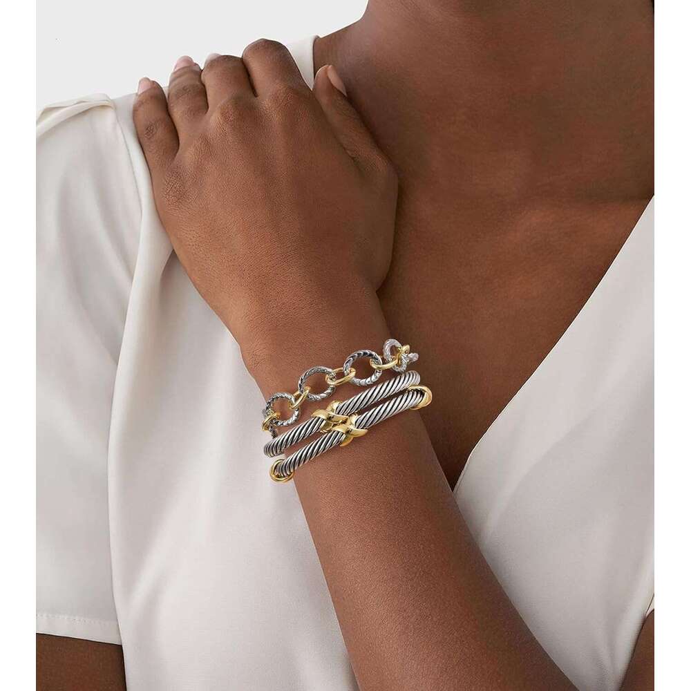 Cable Bracelets for Women - Two Tone Stackable Twisted Wire Cuff Bangle Set