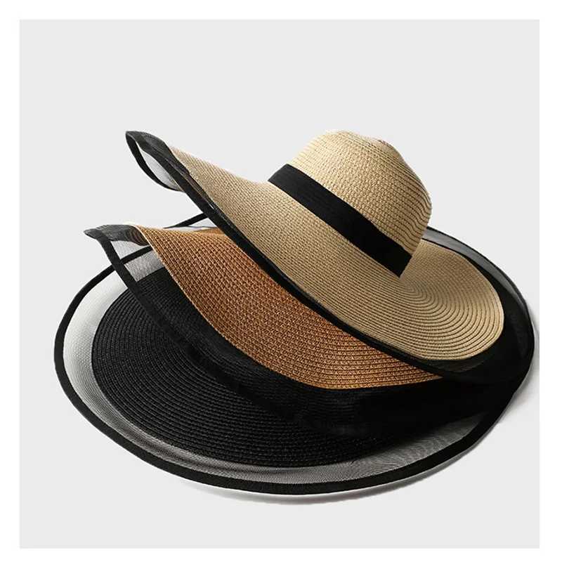 Womens sun hat big Ifs wave beach hat womens sun hat big Brim sun visor UV cutting bucket Panama hat foldable straw sunscreen retroXJ250329