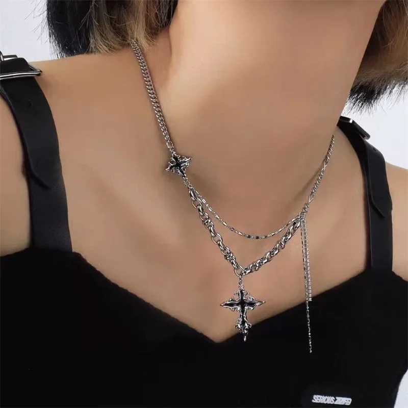Punk Black Cross Necklace Mens Trend Titanium Steel Chain Sweater Pendant Hip Hop Jewelry Cool Accessories Y250329