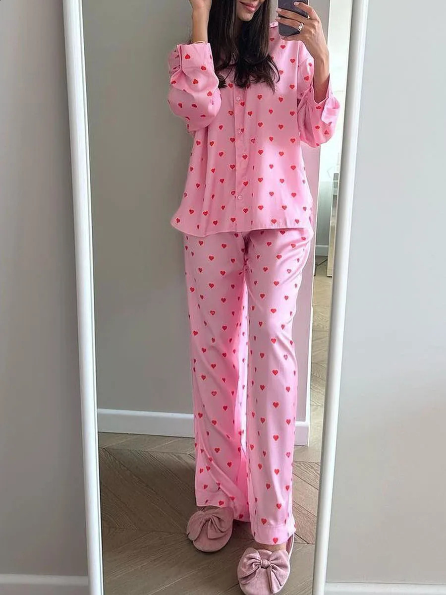 Womens Fall Pants Pink Heart Print Lapel Long Sleeve Shirt Top High Waisted Wide Leg Pants 2 Piece Home Pajama Set 250328