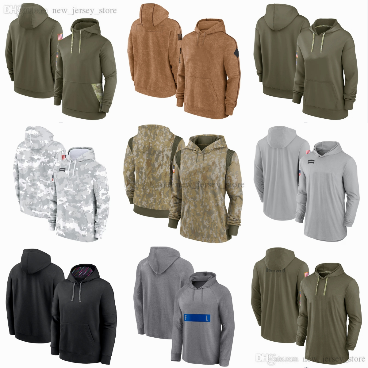 DIY Custom Olive Camo SaluteToService Football Wear Pullover Hoodies Long Sleeve Hooded T-Shirt Sweatshirts For 32 Teams Jerseys Sideline Performance pocket