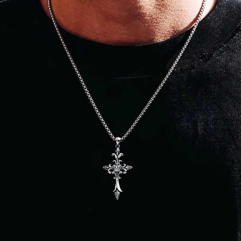Fashionable 3D Crown Cross Necklace Mens Retro Hip Hop Copper Pendant Sweater Chain Punk Student Jewelry Accessories Gift Y250329