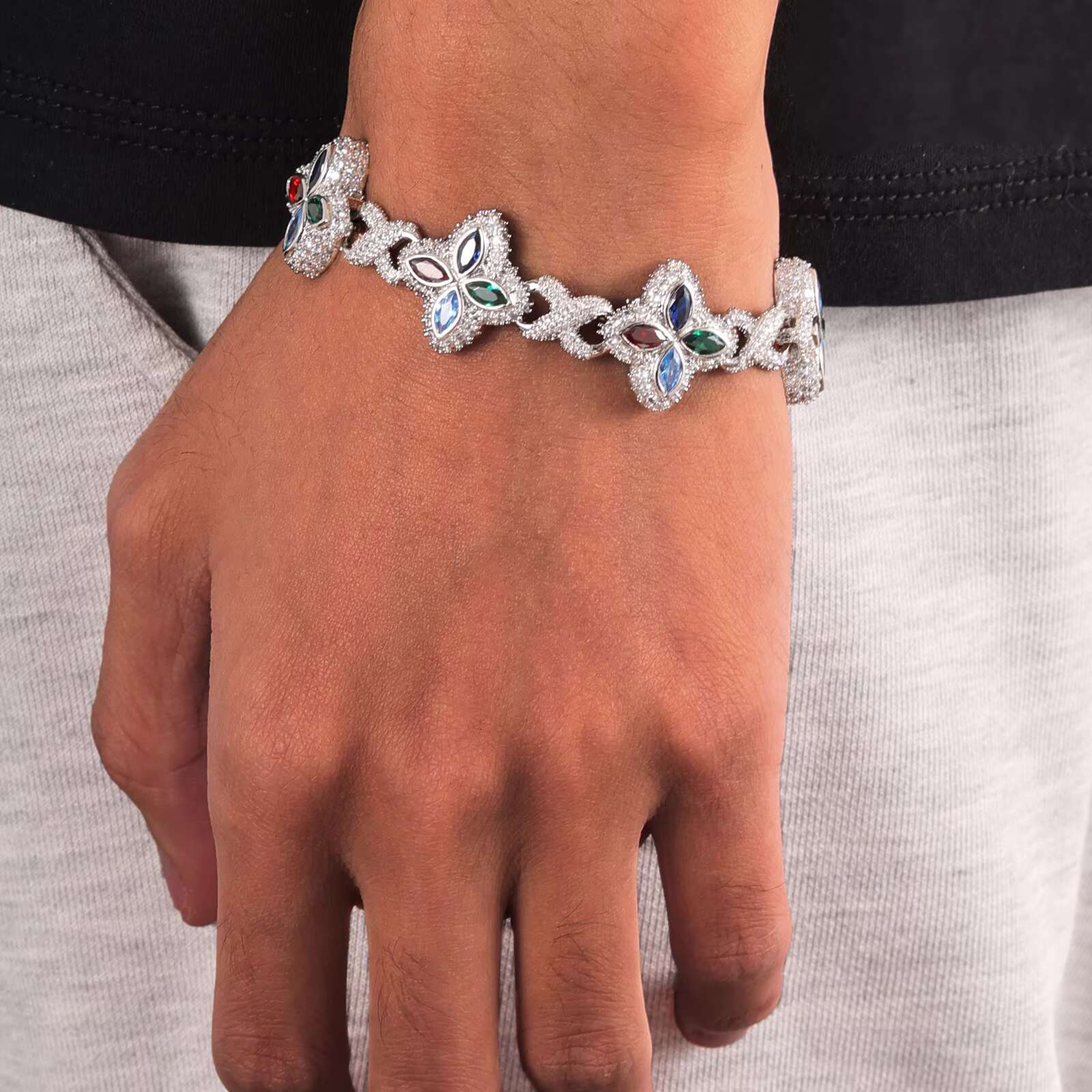 New Design Hip Hop Pink White Colorful Moissanite Clover Bracelet Necklace 925 silver Iced Out Flower Moissanite Diamond Cuban Chain