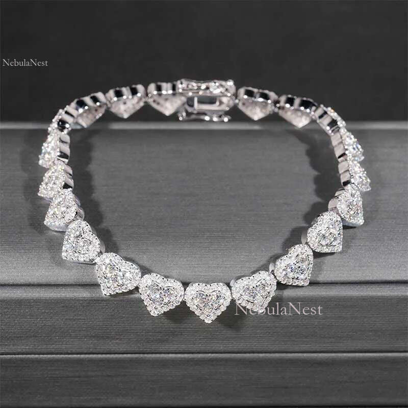 Fine Hip Hop Sier VVS Moissanite Dia Iced Out Heart Bracelet Tennis Chain Jewelry Women Men 925 sterling silver necklace woman