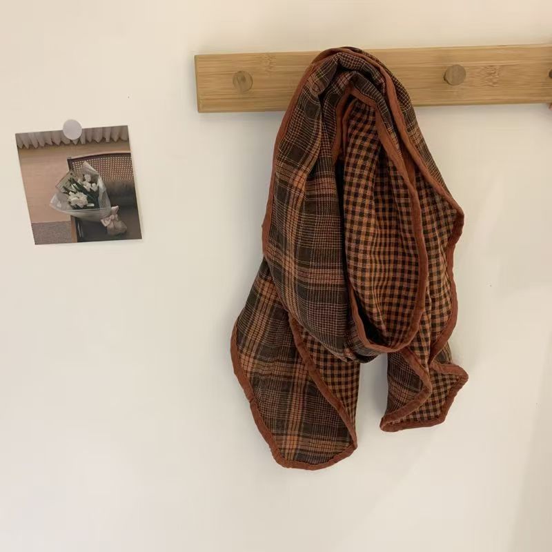 T374 Japanese style art cotton and linen scarf soft plaid double-sided neck protection two-purpose scarf spring and autumn matching scarf shawl female