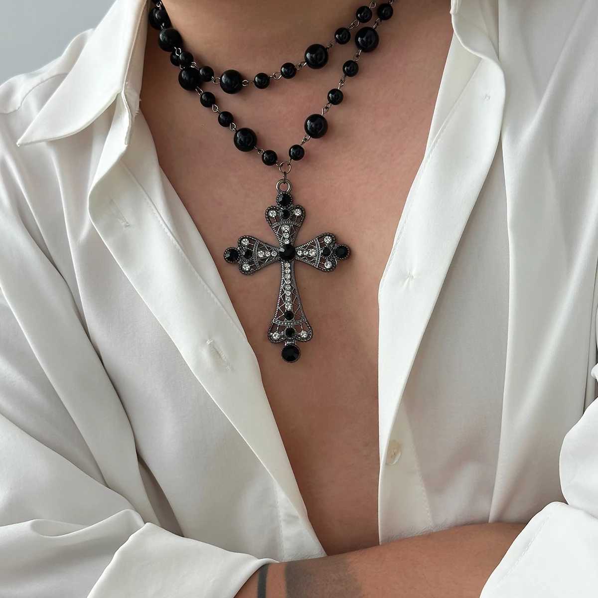 IngeSight. Z Charm Elegant Imitation Pearl Necklace Mens New Gothic Jesus Cross Pendant Necklace Mens Party Jewelry Y250329