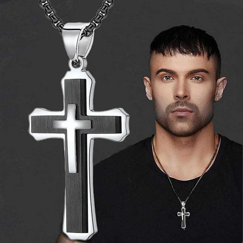 Creative Mens Double Stainless Steel Cross Necklace Hip Hop Necklace Mens Stainless Steel Jewelry Halloween Party Gift Y250329