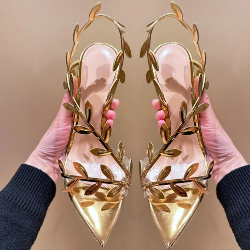 2025 Summer Pointy Gold High Heels Womens Stiletto Leaves Elegant Fairy Sexy Banquet Transparent Sandals 250328
