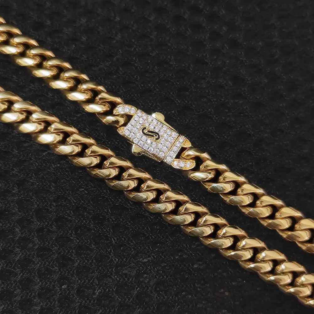 Hip Hop Jewelry 8MM Miami Cuban Chain with Diamond Buckle 18k Gold Plated Stainless Steel Cuban Chain Necklace Y250329