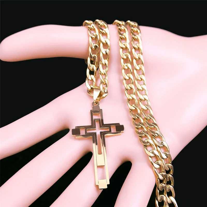 2019 Hip Hop Cross Stainless Steel Chain Necklace Gold Long Pendant Necklace Suitable for Women/Men Jewelry Collar Homme N6055S05 Y250329