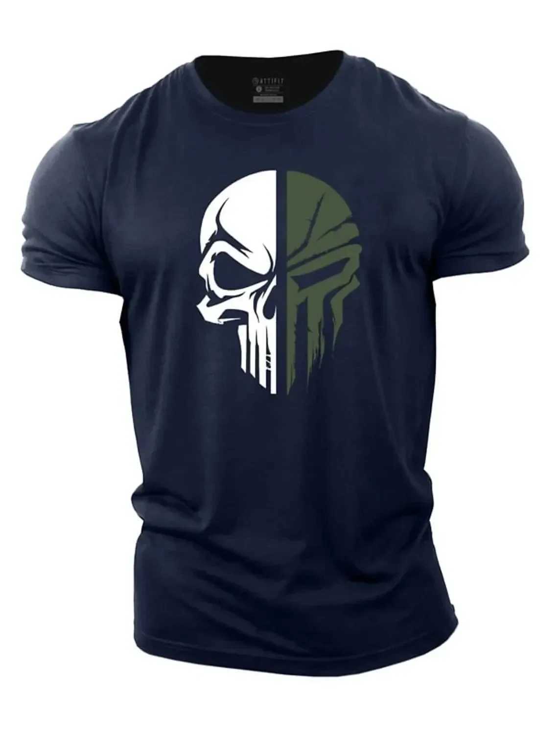 Cotton mens T-shirt printed military skull T-shirt oversized gym short sleeved sweatshirt mens clothing sports top W250329