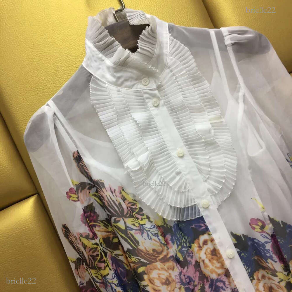 Fashion-Black/White Stand Long Sleeves Women's Blouses Vintage Court Print Ruffles Silk Shirts Women DH336