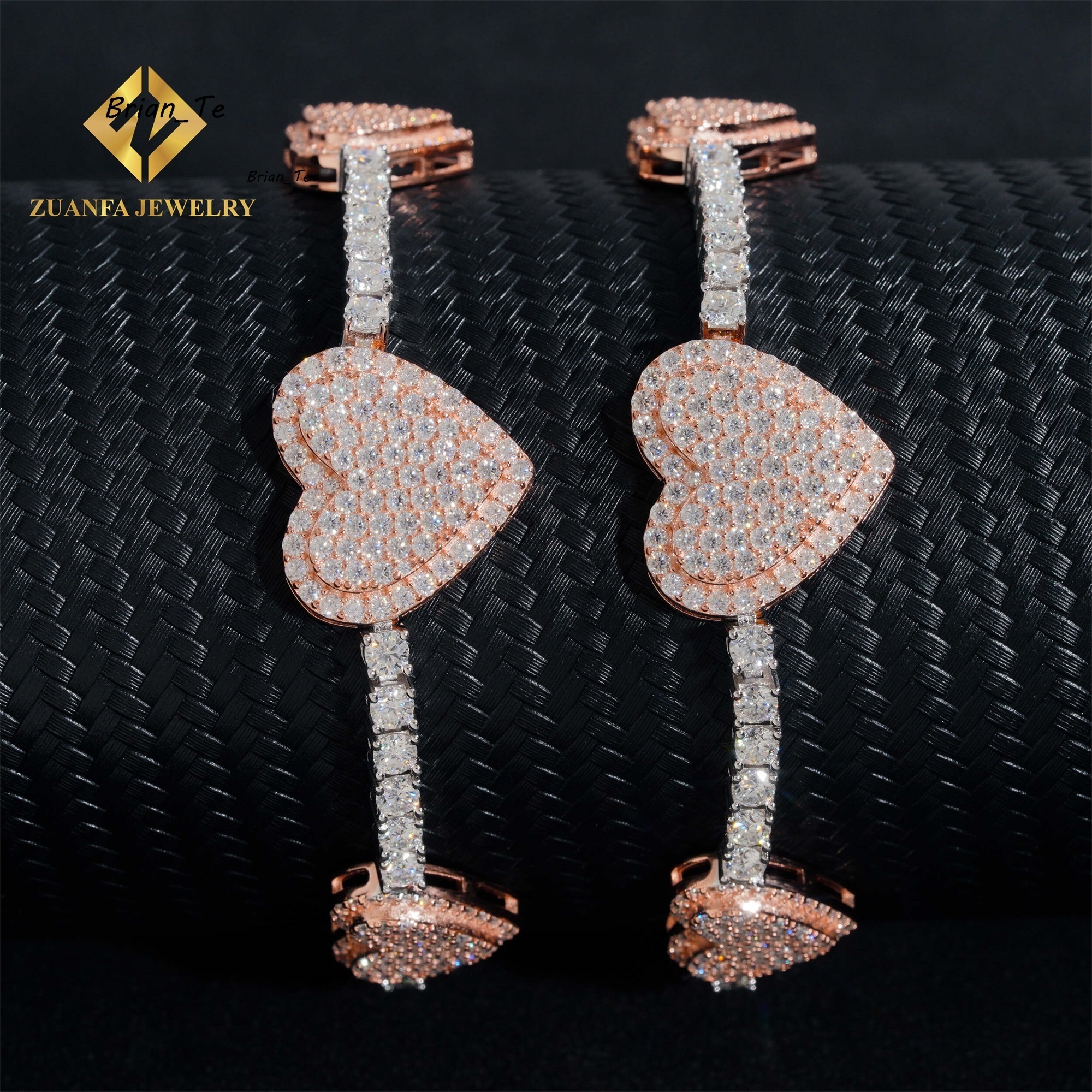 New Design 3mm Iced Out Hip Hop Jewelry S925 Silver Rose Gold Plated VVS1 Moissanite Diamond Heart Tennis Chain Bracelet