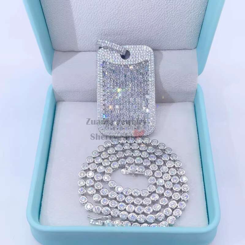 baguette Cut Vvs Moissanite Iced Out Men Hip Hop Silver Dog Tag Pendant