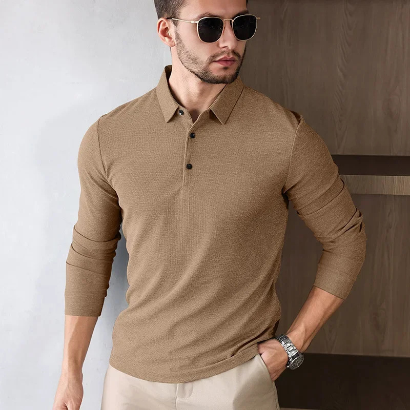 Mens business casual long sleeved solid color polo shirt fashionable breathable and comfortable Versatile top 250327