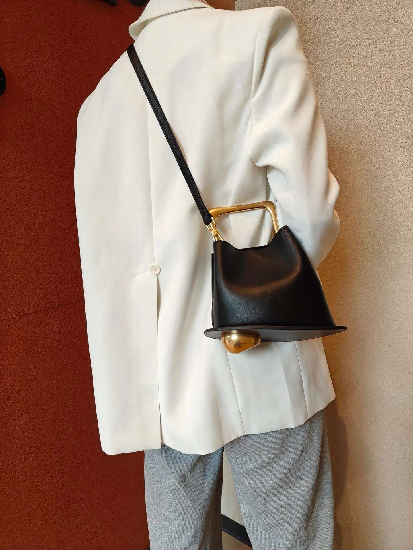 New Stylish High-End Bucket Tote Beige Color Plain Satin Cow Leather Women Handbag Metal Handle Female Crossbody Bag Small