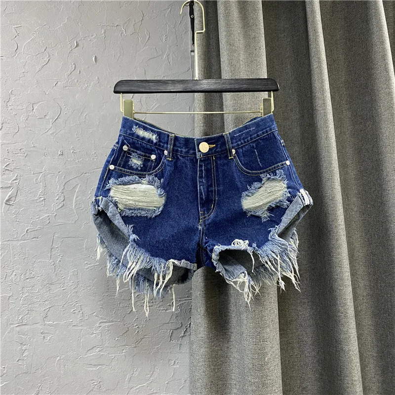 Sexy low rise denim shorts summer hole womens wide leg open top jeans 250328