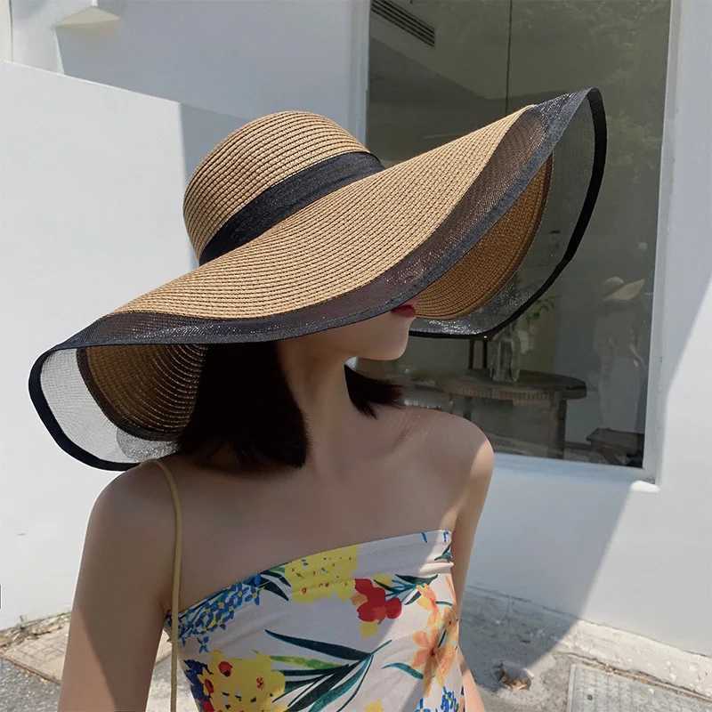 Womens sun hat big Ifs wave beach hat womens sun hat big Brim sun visor UV cutting bucket Panama hat foldable straw sunscreen retroXJ250329