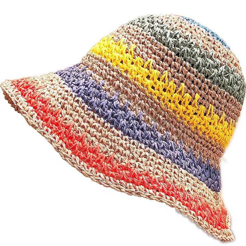 Rainbow straw hat womens summer sun umbrella handmade crochet large Brim bucket hat womens beach sun hat Bohemian girls fashion hatXJ250329