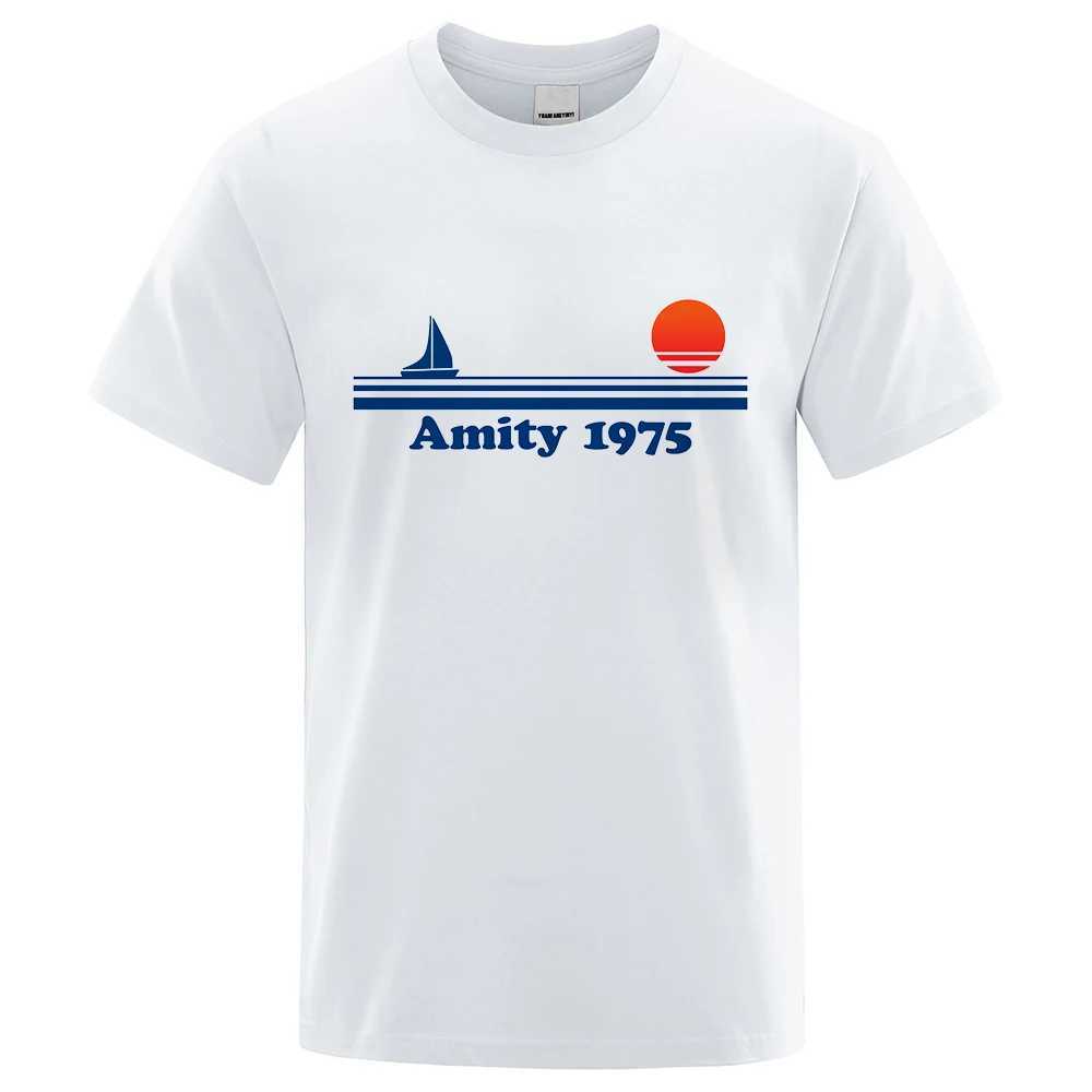 Amity 1975 - Jaws Retro Print Tshirt Men Creativity Sweat Clothing Fashion Tee Clothes T Shirts Breathable Cotton T-Shirts Man X250329