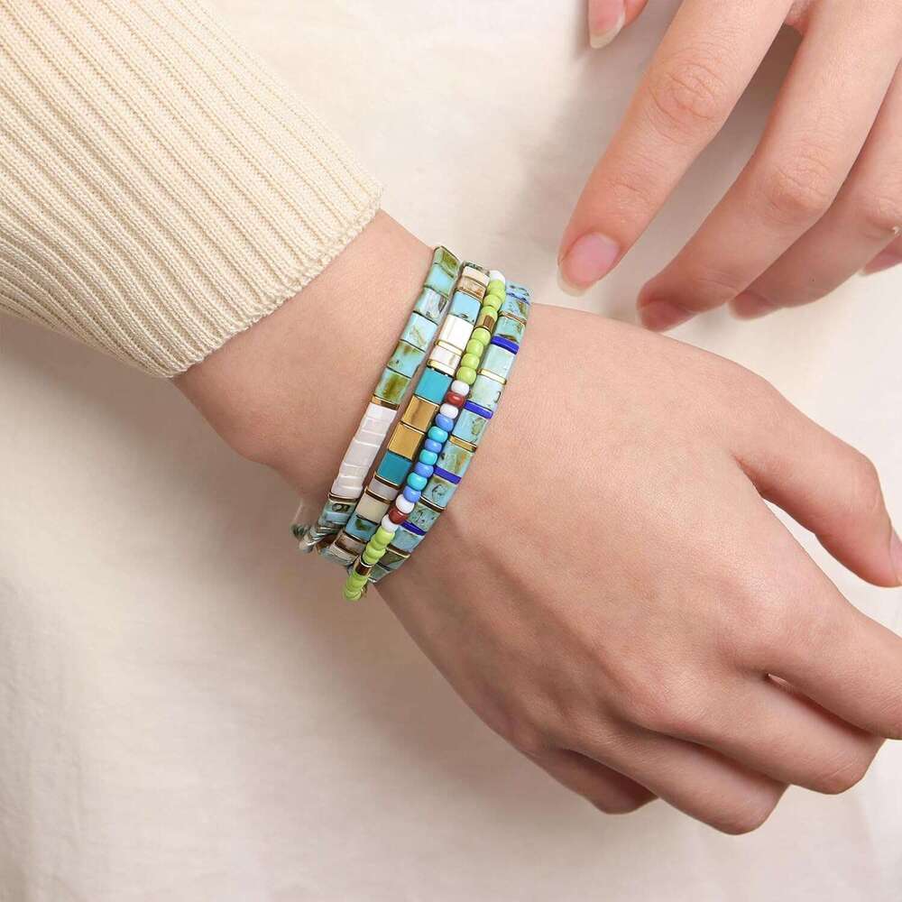Tila Flat Seed Stack Bracelets Set for Women, Boho Handmade Miyuki Glass Colorful Beads Friendship Stretch Bracelet Holiday Prom Jewelry Gift.
