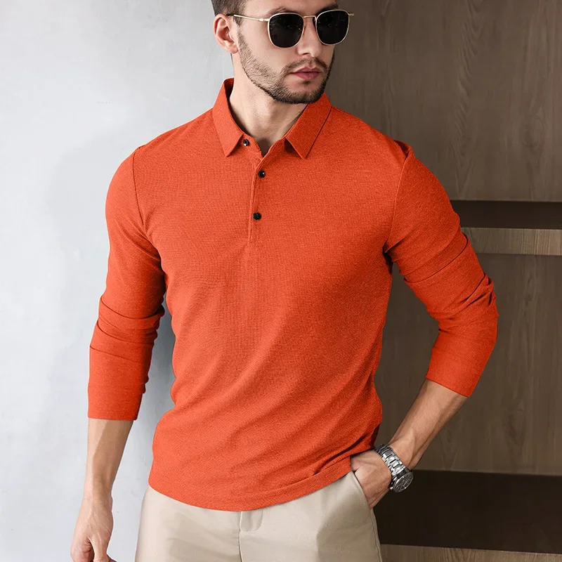 Mens business casual long sleeved solid color polo shirt fashionable breathable and comfortable Versatile top 250327