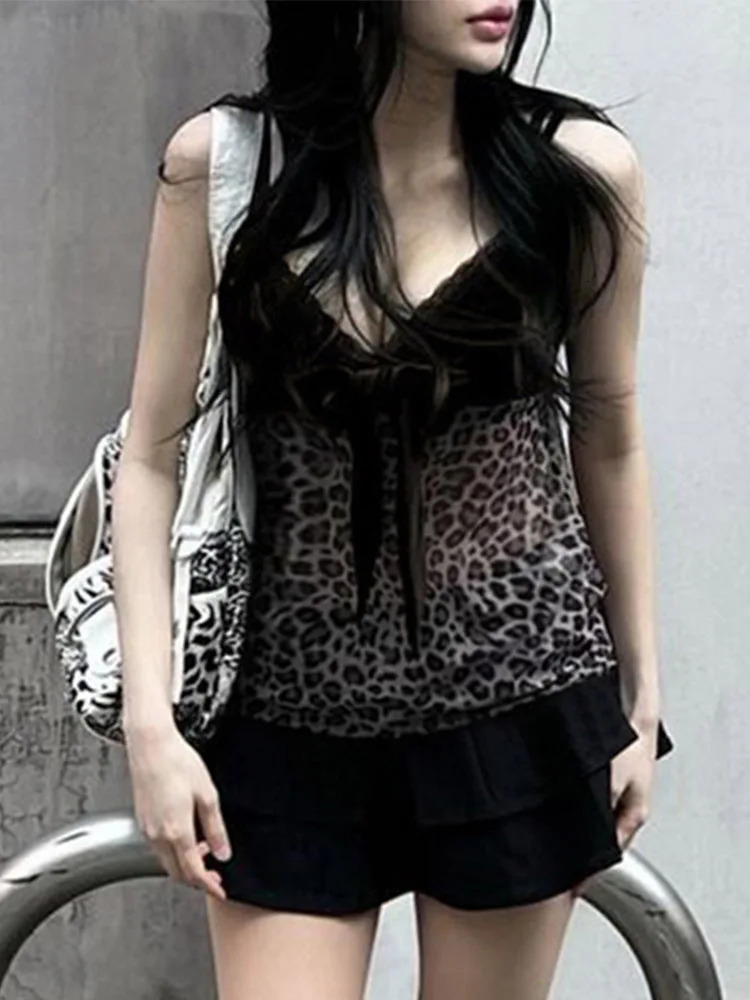 Leopard Mesh crop top y2k bow velvet patch See Through Mini Vest Grunge Korean retro Camisole lace ruffled tank 250324Z