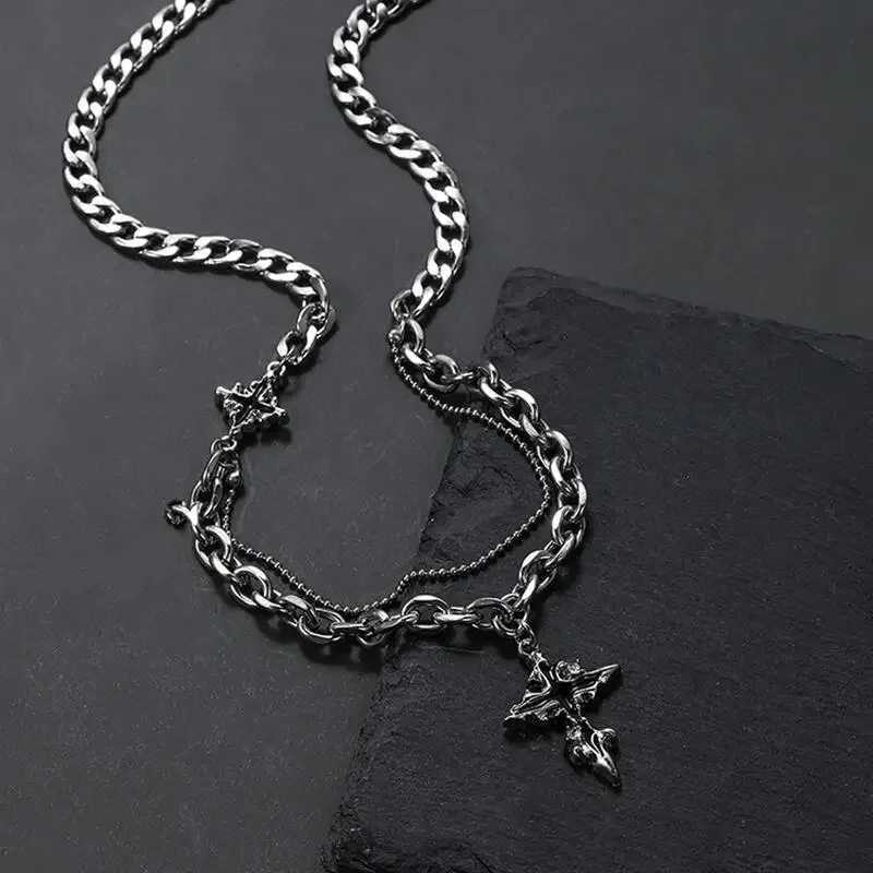 Punk Black Cross Necklace Mens Trend Titanium Steel Chain Sweater Pendant Hip Hop Jewelry Cool Accessories Y250329