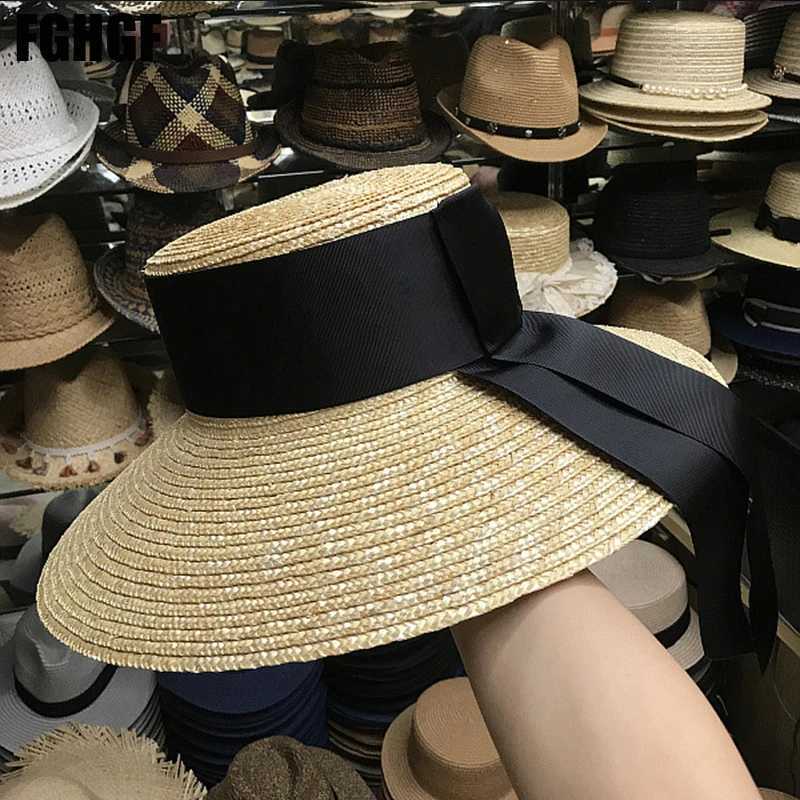 Natural womens sun hat black ribbon 12cm 15cm flat top wide and wide Brim straw hat Chapeu Sombrero beach hatXJ250329